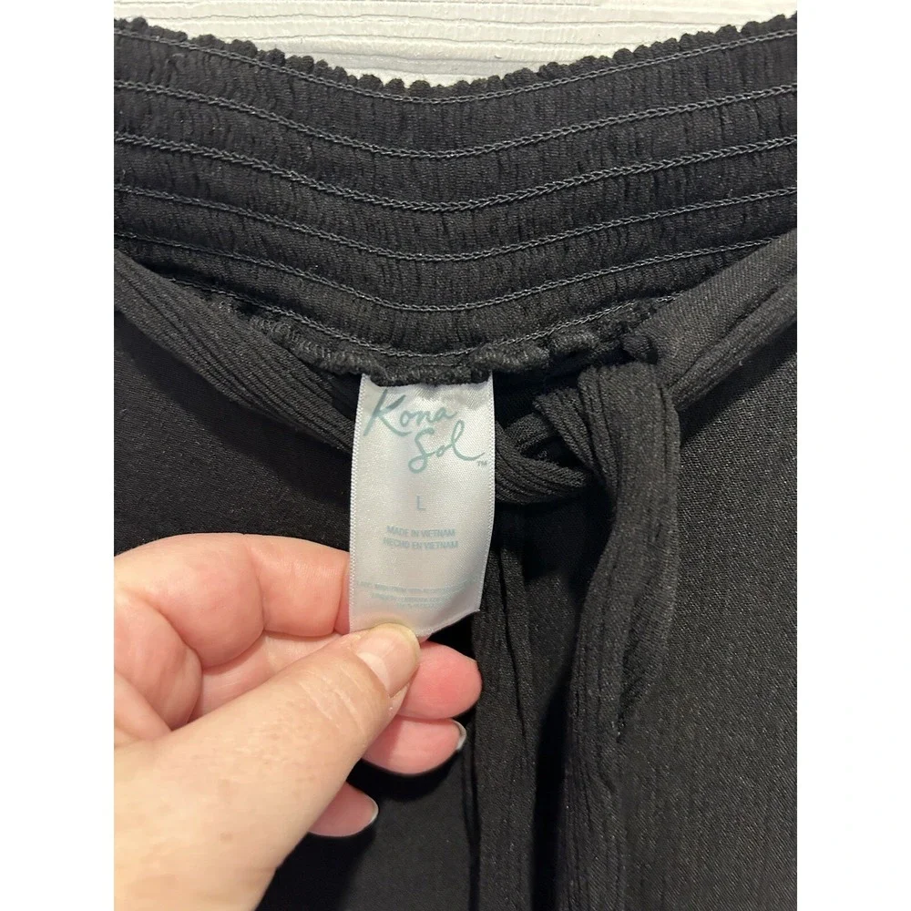 Kona Sol Black Wide Leg Swim Cover Up Pants Side Slit Smocked Waist Large Resort
